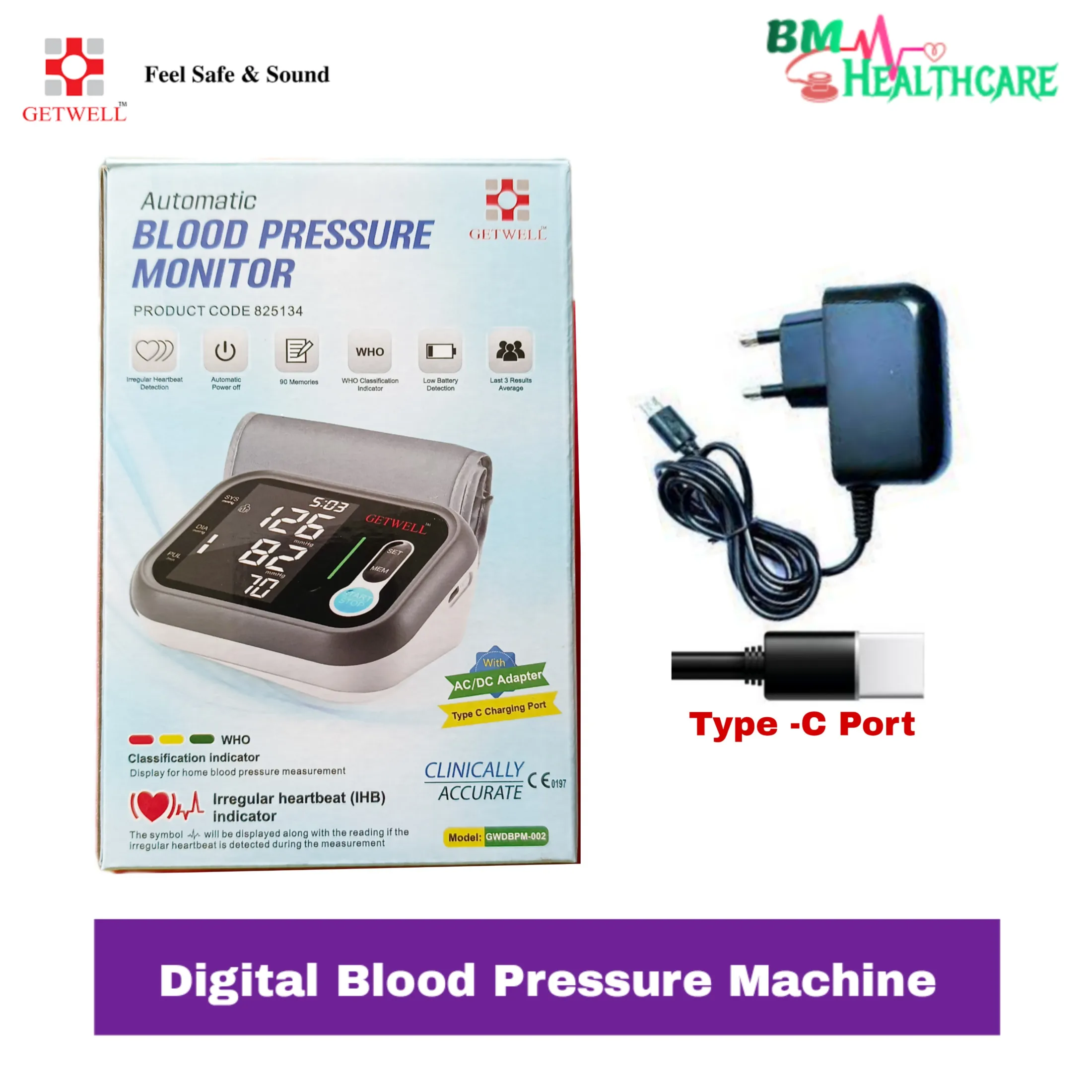 Getwell Digital Blood Pressure Monitor Set Sphygmomanometer - Automatic BP Machine Set with Free Electrical Adapter